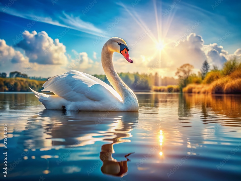Fototapeta premium Majestic Swan on Serene Blue Lake - Vintage Sunlit Pond Scene