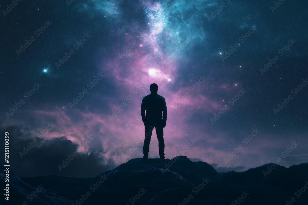 Fototapeta premium Silhouette of a businessman standing on rocks at night admiring the universe and the milky way, with clouds and stars