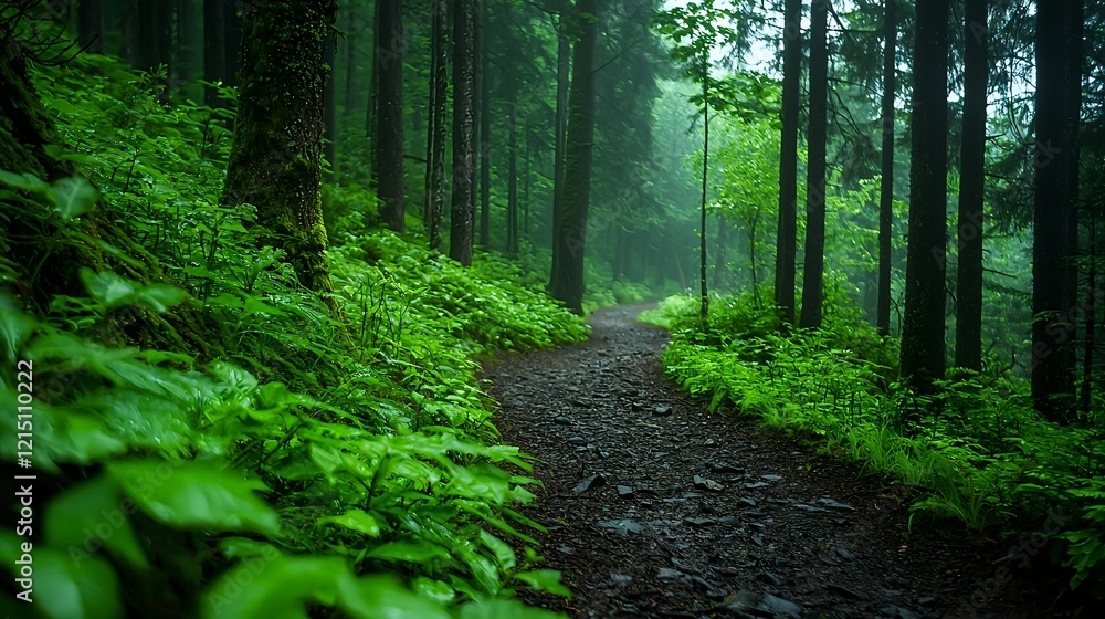 Fototapeta premium Lush Green Forest Pathway through Dense Trees in Soft Misty Light