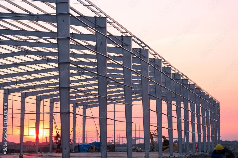 Obraz premium Factory building framework structure with worker working overtime in construction site against sunset sky background