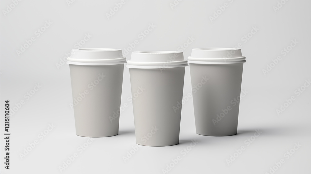 A clean mockup of three stacked paper coffee cups with white lids, perfect for branding or packaging design presentations A clean mockup of three stacked paper coffee cups with white lids, perfect for branding or packaging design presentations
