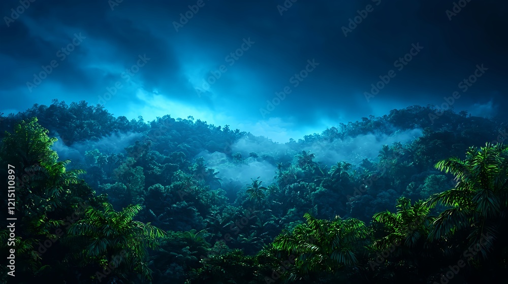 Mysterious Lush Jungle Under Dark Sky with Misty Atmosphere Mysterious Lush Jungle Under Dark Sky with Misty Atmosphere