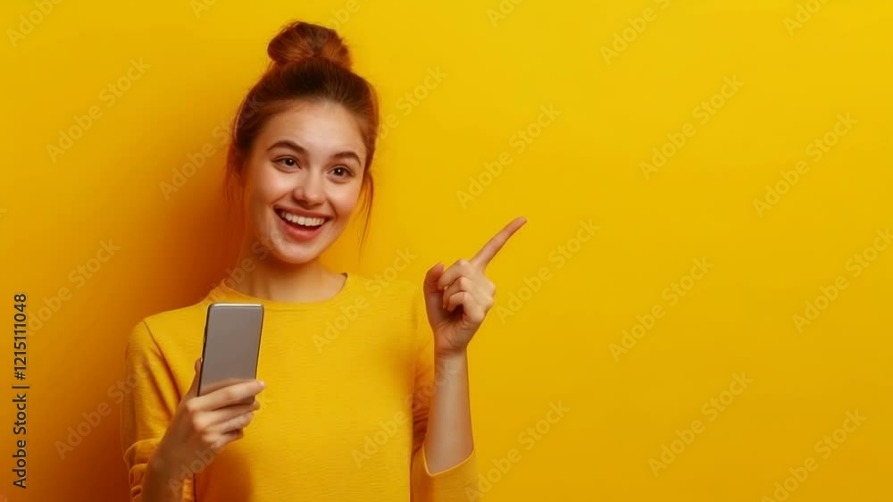 Smiling Woman Holding Phone, Pointing, Yellow Background Smiling Woman Holding Phone, Pointing, Yellow Background
