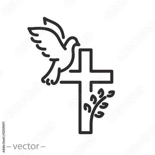 christian cross with dove icon, easter concept, thin line web symbol on white background - editable stroke vector illustration eps10