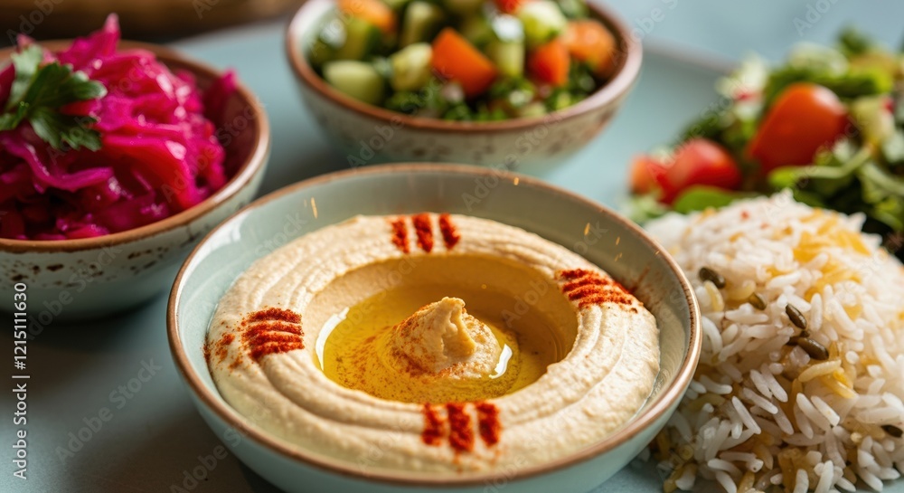 Delicious hummus served with fresh salads and rice on a vibrant plate Delicious hummus served with fresh salads and rice on a vibrant plate