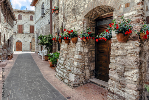 Obraz na płótnie Charming cobblestone street in medieval Assisi, Umbria, Italy featuring rustic stone buildings and vibrant flower pots w salonie
