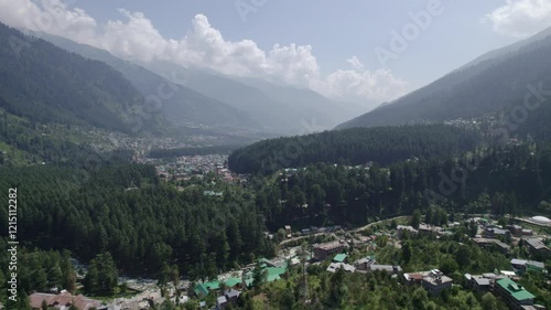 Aerial view of a small town in mountains (Manali, Himachal Pradesh, India)