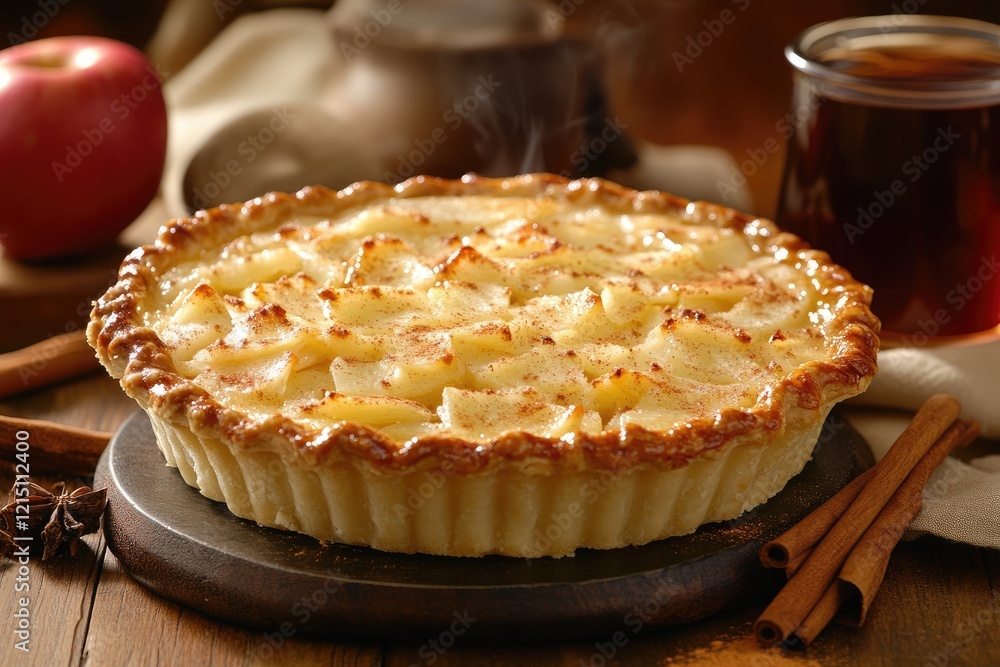 Steaming apple pie sprinkled with cinnamon on wooden table Steaming apple pie sprinkled with cinnamon on wooden table