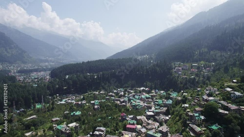 Aerial view of a small town in mountains (Manali, Himachal Pradesh, India)
