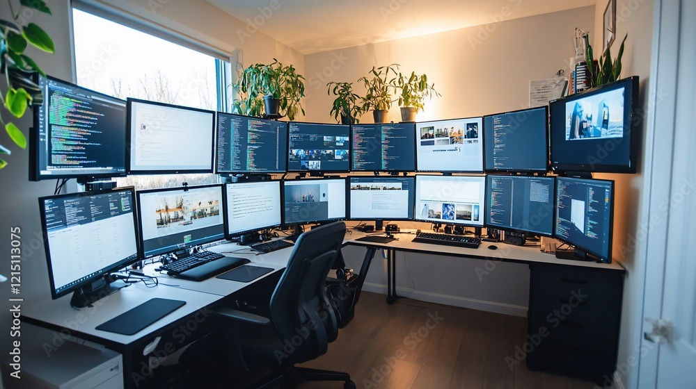 Programmer's corner office setup with multiple monitors displaying code, images, and videos; plants add a natural touch. Use Technology blog, productivity article Programmer's corner office setup with multiple monitors displaying code, images, and videos; plants add a natural touch. Use Technology blog, productivity article