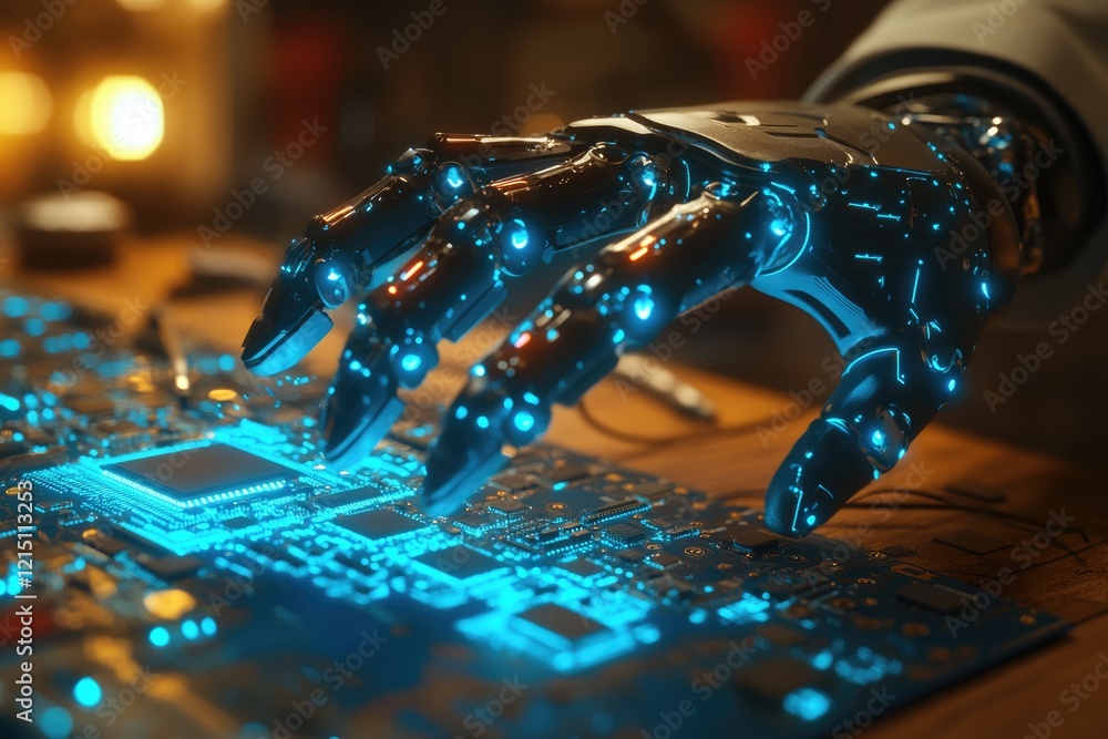 A robotic hand delicately interacts with a glowing circuit board, showcasing advanced technology and automation. A robotic hand delicately interacts with a glowing circuit board, showcasing advanced technology and automation.