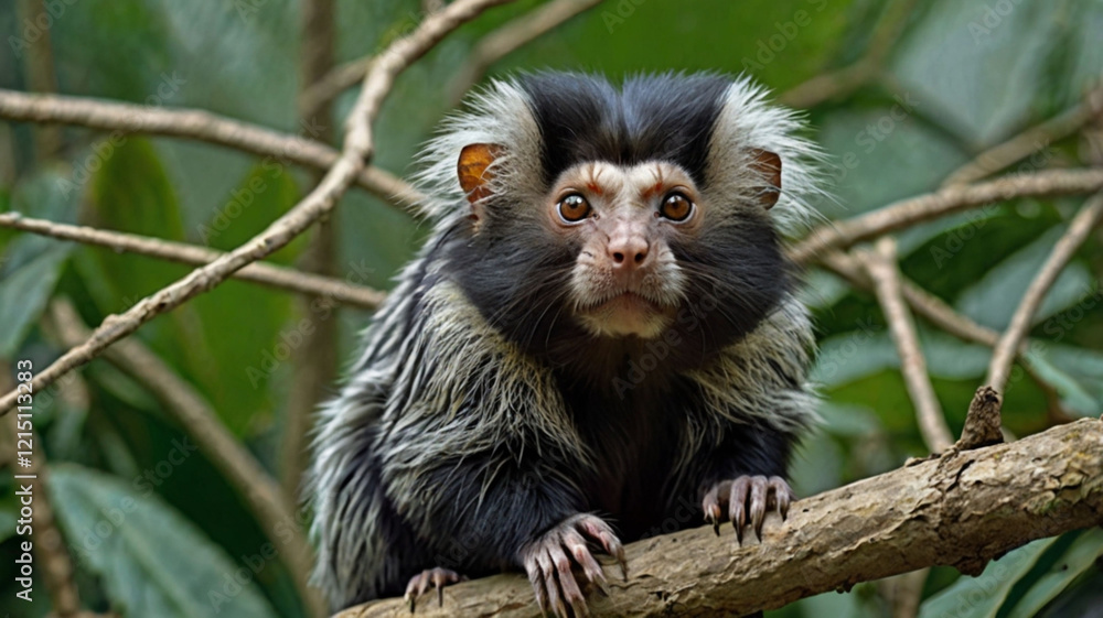 Portrait of a black-tufted marmoset clinging to a tree branch Portrait of a black-tufted marmoset clinging to a tree branch