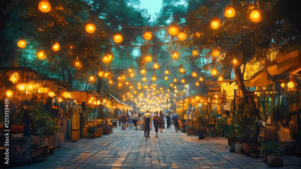 A charming street adorned with glowing hanging lights, creating a warm and inviting evening ambiance A charming street adorned with glowing hanging lights, creating a warm and inviting evening ambiance