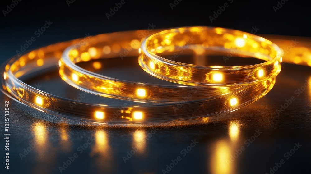 A softly glowing gold light tape forming an elegant spiral with subtle luminous accents. A softly glowing gold light tape forming an elegant spiral with subtle luminous accents.