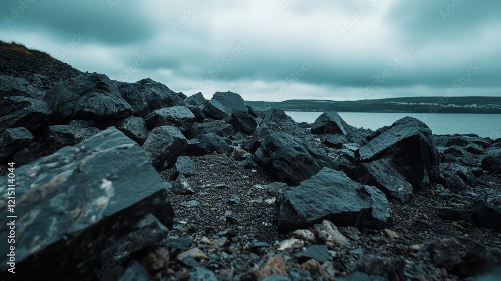 Jagged black rocks line a rugged shore under a brooding sky, creating a dramatic contrast with the calm waters ahead. Jagged black rocks line a rugged shore under a brooding sky, creating a dramatic contrast with the calm waters ahead.