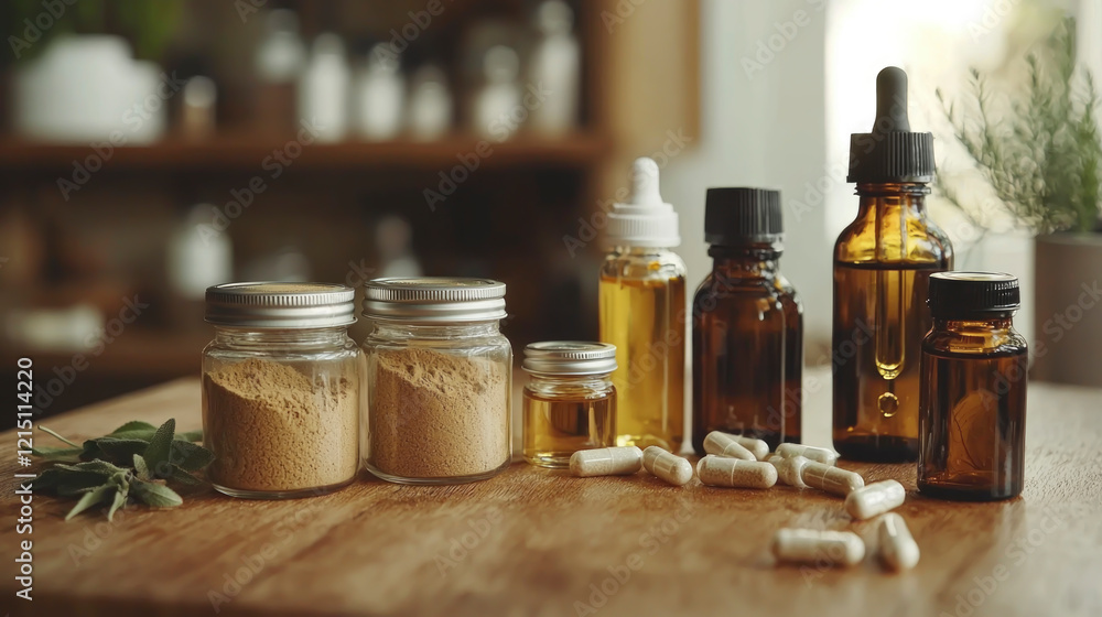 Jars of kratom powder and natural remedies are artfully arranged on a clean wooden table, highlighting alternative health treatments suitable for wellness enthusiasts Jars of kratom powder and natural remedies are artfully arranged on a clean wooden table, highlighting alternative health treatments suitable for wellness enthusiasts