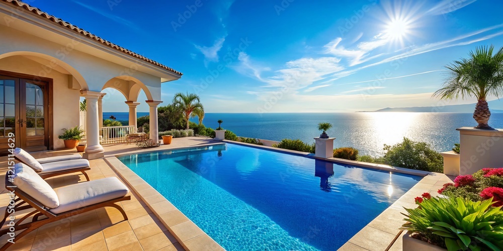 Fototapeta premium Mediterranean Resort Pool & Patio with Sea View - Luxury Vacation Paradise