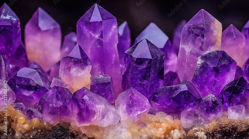 Close up view of amethyst crystals. Natural mineral formations. Purple gem stones sparkle. Detailed texture. High quality image for jewelry, design, decor. Beautiful precious stones in natural Close up view of amethyst crystals. Natural mineral formations. Purple gem stones sparkle. Detailed texture. High quality image for jewelry, design, decor. Beautiful precious stones in natural