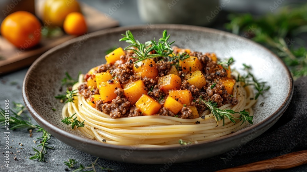 Butternut squash bolognese pasta dish, autumnal setting, food photography, recipe Butternut squash bolognese pasta dish, autumnal setting, food photography, recipe