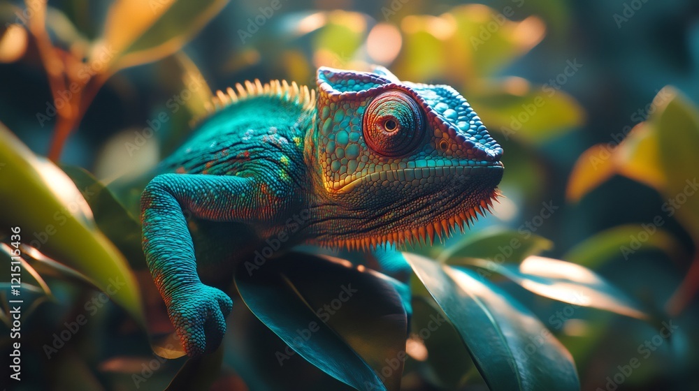 Fototapeta premium Colorful chameleon resting on leaves in tropical forest