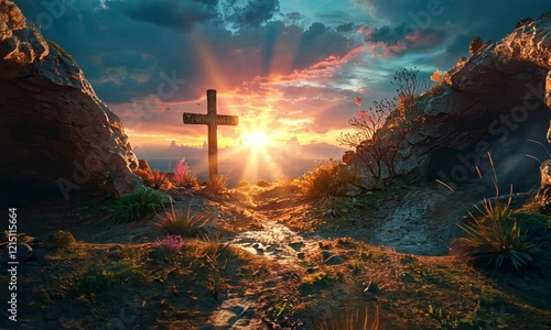 easter religion,jesus christ cross easter resurrection concept christian cross Tomb Empty With Shroud And Crucifixion At Sunrise - Resurrection Of Jesus Christ