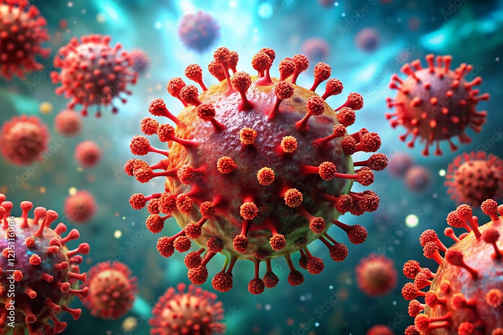 Fototapeta premium Microscopic Red Virus Particle in Flight, Bright Cinematic Lighting, Candid Shot