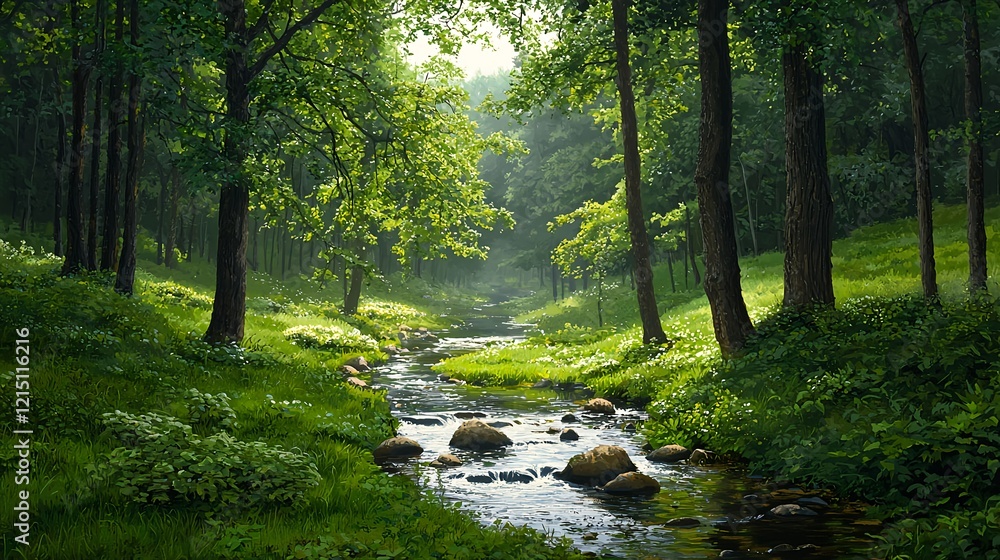 Obraz premium Serene Forest Stream With Sunlight Filtering Through Trees
