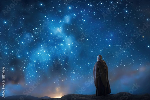 Abraham stands in a desert under a star-filled sky, symbolizing faith, divine promise, and his connection to God.  .