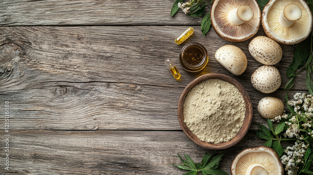 A minimalistic wooden table displays organic mushrooms and kratom powder, highlighting their potential as alternative treatments for wellness and energy enhancement A minimalistic wooden table displays organic mushrooms and kratom powder, highlighting their potential as alternative treatments for wellness and energy enhancement