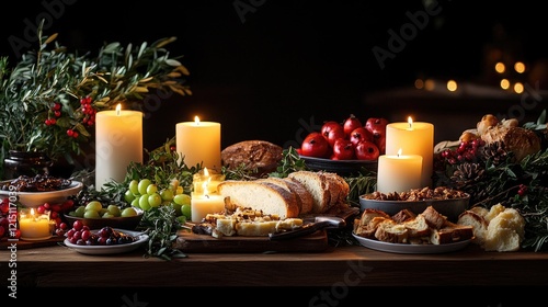 A festive dining table is illuminated by the warm glow of a silver menorah holding nine lit candles, photo