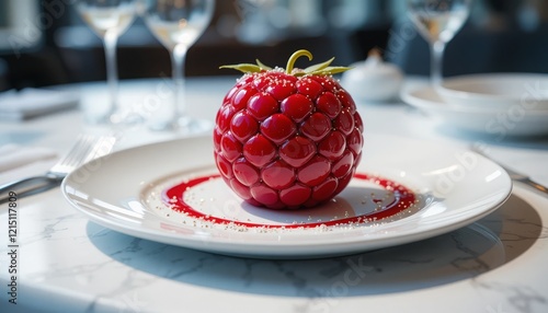 A luxurious raspberry-shaped dessert with a glossy ruby-red finish, plated elegantly with gold leaf, microgreens, and raspberry coulis, set against a refined fine-dining backdrop photo