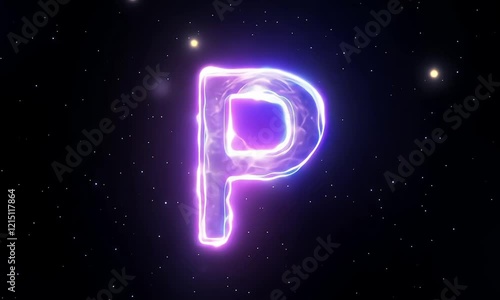 Glowing neon letter p cosmic alphabet with vibrant light space background futuristic design