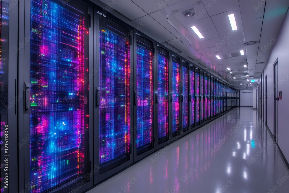 Server racks glowing in modern data center corridor Server racks glowing in modern data center corridor