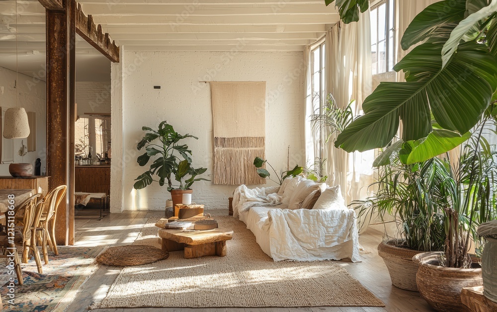 custom made wallpaper toronto digitalAiry open-plan eco-apartment with sustainable furniture, natural fibers, and large potted plants