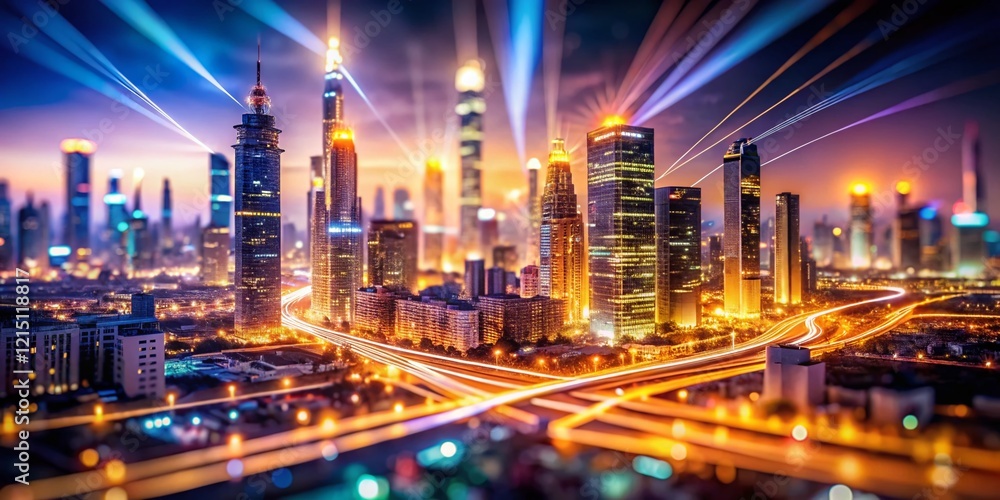 Fototapeta premium Miniature Cityscape: 5G Network Towers & Fast Data Streams - Future Connectivity