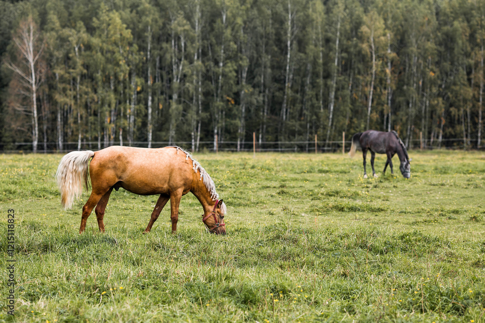 Obraz premium Beautiful natural landscape. Beautiful horses in the pasture. The horses are in the paddock. Livestock.