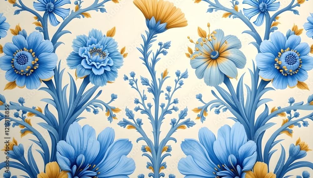 Fototapeta premium yellow and dark blue flowers pattern for textile print and other decorations background 
