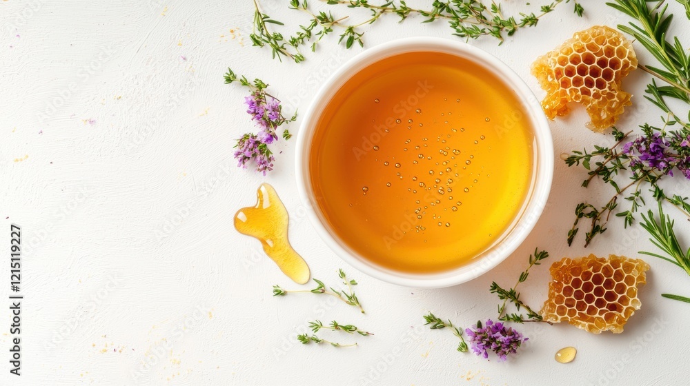 Golden honey bowl with herbs and honeycomb on neutral background Golden honey bowl with herbs and honeycomb on neutral background
