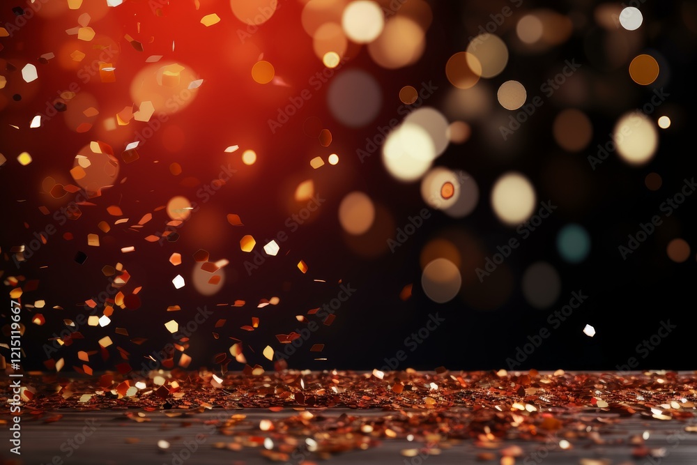 Festive background featuring falling golden confetti on a dark wooden surface, illuminated by warm red bokeh lights, creating a celebratory atmosphere Festive background featuring falling golden confetti on a dark wooden surface, illuminated by warm red bokeh lights, creating a celebratory atmosphere