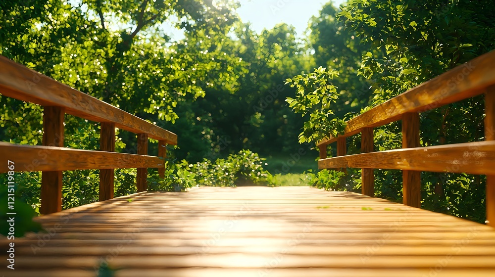 Serene Wooden Bridge Surrounded by Lush Green Nature and Trees Serene Wooden Bridge Surrounded by Lush Green Nature and Trees