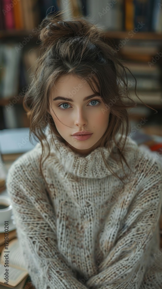 There is a woman sitting at a table with a book, portrait There is a woman sitting at a table with a book, portrait