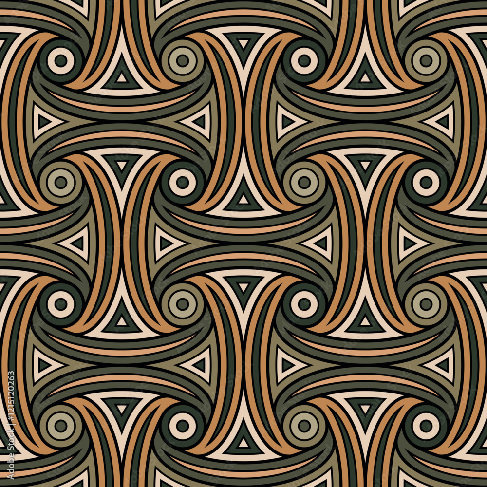Obraz premium Retro-style geometric composition with an intricate design of interlocking concentric shapes outlined with a black stroke. Seamless repeating pattern. Abstract vector illustration.