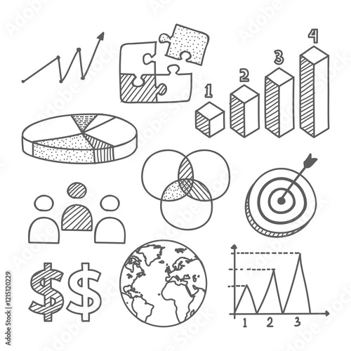 Hand-Drawn Business and Finance Infographic Icons – Growth, Graphs, and Data