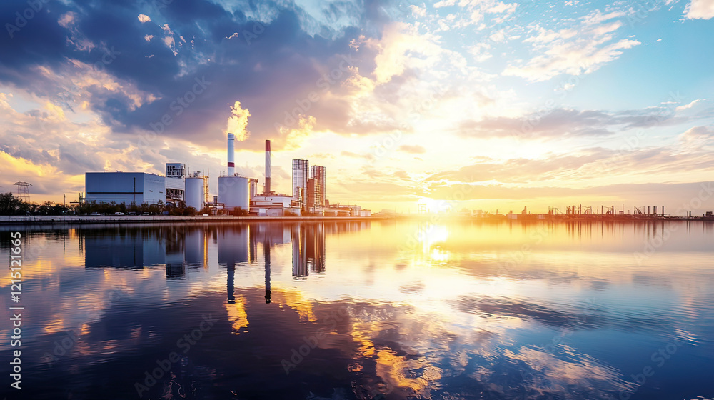 Naklejka premium Industrial-scale energy storage facility beside a coastal city, sunset casting reflections on water