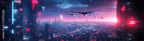 A futuristic, cyberpunk-inspired neon-lit cityscape with a cluster of sleek, high-tech drones hovering over a vast, competitive digital market research network photo