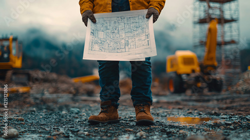 Blueprint Study at Construction Zone: Engineer holding detailed blueprints, standing on a gravel path with equipment and scaffolding visible ahead  photo