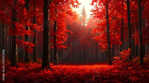 Enchanted Forest of Vibrant Red Leaves in Autumn Glow