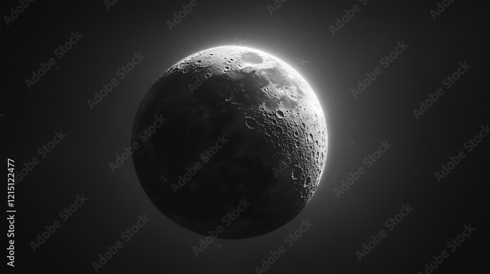 Monochromatic moon surface captured in full detail with a starry backdrop in black and white Monochromatic moon surface captured in full detail with a starry backdrop in black and white