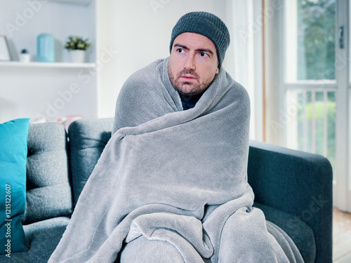 Man feeling cold at home with home heating trouble
