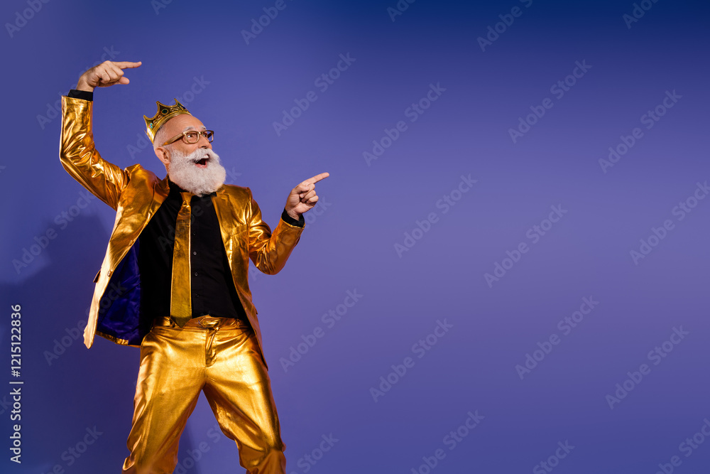 Fototapeta premium Photo portrait of fashionable old showman point look empty space wear glamour golden garment isolated on violet color background